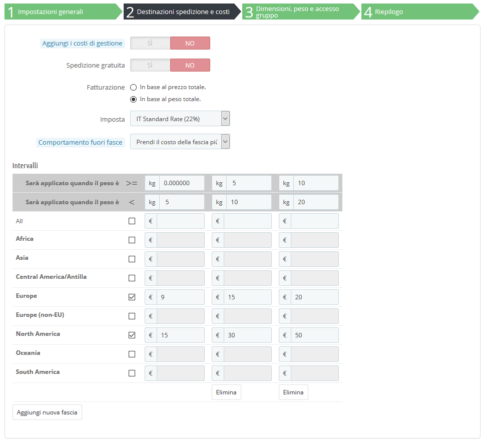 configurare spedizioni in prestashop destinazione